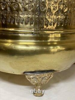 Antique Repoussé Brass Footed Fireplace Bucket Firewood Kindling Log Holder