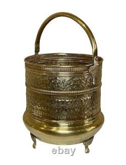 Antique Repoussé Brass Footed Fireplace Bucket Firewood Kindling Log Holder