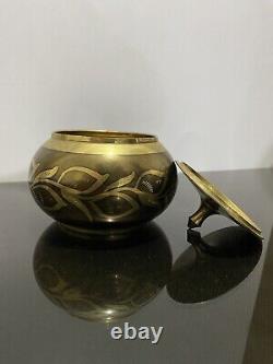 Antique VTG Indian Brass Polished Lidded Pot+Rosewater Sprinkler Engraved Decor