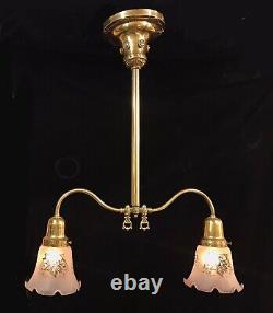 Antique Victorian 2 Arm Brass Gas Chandelier Light Fixture Glass Shades Restored
