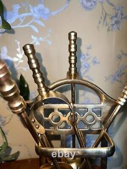 Antique Victorian Neat Brass 5-piece Fireside Companion Set-polished