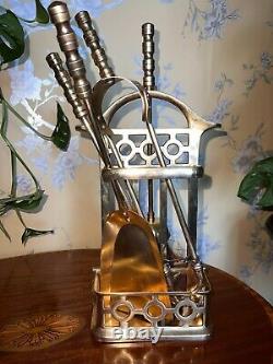 Antique Victorian Neat Brass 5-piece Fireside Companion Set-polished