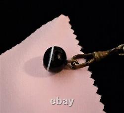 Antique Victorian Two-toned Brass Watch Chain Bracelet Banded Agate Orb Fob #359