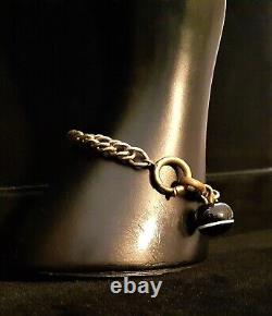 Antique Victorian Two-toned Brass Watch Chain Bracelet Banded Agate Orb Fob #359