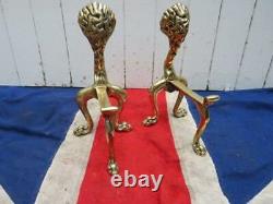 Antique Vintage British Old Stylish Cool Polished Mythical Brass Lion Firedogs