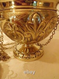 Antique Vintage Ornate Brass Catholic Church Censer Incense Burner Polished Lt B