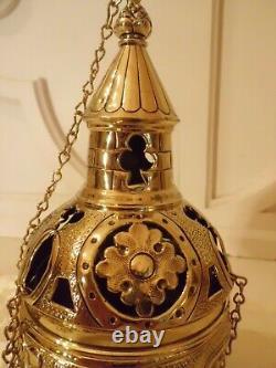 Antique Vintage Ornate Brass Catholic Church Censer Incense Burner Polished Lt B