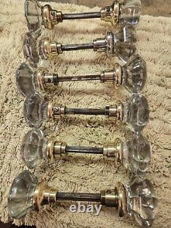 Antique Vintage Three Sets 8-Point Crystal Glass & Brass Door Knobs Polished