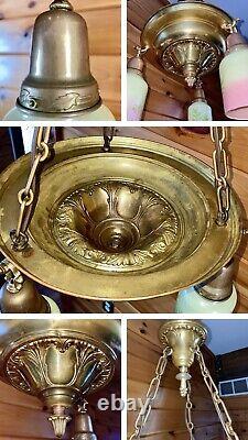 Antique/Vtg 1920's-1930's Polished Brass 3 Arm Pan Chandelier With Glass Shades