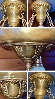 Antique/Vtg 1920's-1930's Polished Brass 3 Arm Pan Chandelier With Glass Shades