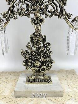 Antique Vtg Victorian Candelabra Ornate Brass Floral Bouquet & Crystal Prisms