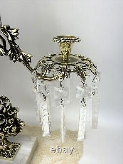 Antique Vtg Victorian Candelabra Ornate Brass Floral Bouquet & Crystal Prisms