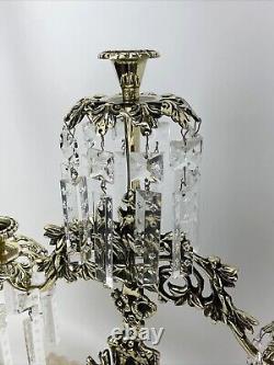 Antique Vtg Victorian Candelabra Ornate Brass Floral Bouquet & Crystal Prisms