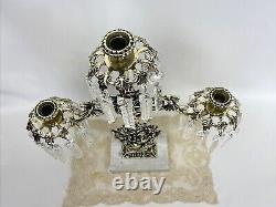 Antique Vtg Victorian Candelabra Ornate Brass Floral Bouquet & Crystal Prisms