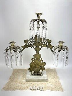 Antique Vtg Victorian Candelabra Ornate Brass Floral Bouquet & Crystal Prisms