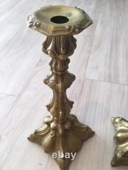 Antique artisan pair of Polish Brass candlestick holders Shabbat 12 Tall X 5