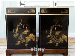 Art Deco Lacquered Hand Painted Chinese Chinoiseries Nightstands Burl Wood Tops