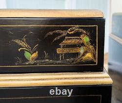 Art Deco Lacquered Hand Painted Chinese Chinoiseries Nightstands Burl Wood Tops