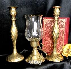 Candle Holders Brass Pillar and Glass Hurricane Centerpiece Polished Brass Set