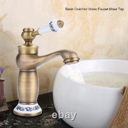 Ceramic Antique Brass Faucet Bathroom Sink Faucet Blue White Porcelain Long Neck