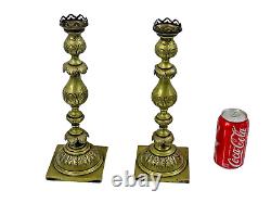 FINE ANTIQUE RUSSIAN / POLISH BRASS CANDLESTICKS JUDAICA SABBATH Fraget WARSAW