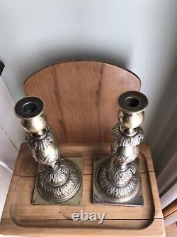 FRAGET N PLAQUE signed antique Polish brass Sabbath candlesticks candle # 3364