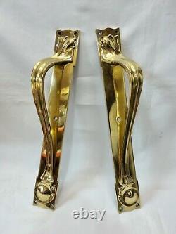 Fine pair of 16 antique Art Nouveau polished brass door handles / pulls, c. 1900
