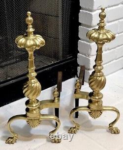 Fireplace Brass Andirons Polished Lion Feet Art Deco Firedogs Log Holders Pair