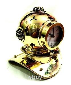 Handmade Antique Brass Polished Divers Diving Helmet Clock Nautical Home Desk