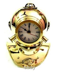 Handmade Antique Brass Polished Divers Diving Helmet Clock Nautical Home Desk
