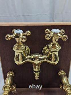 High Quality Heavy Duty Vtg Antique Polished Brass Porcelain HOT COLD Faucet