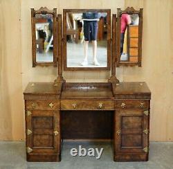 Important Burr & Burl Gothic Antique Dressing Table With Polished Brass Fittings