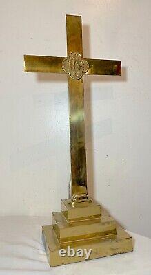LARGE antique polished brass memorial religious church altar cross table lamp
