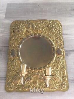 Large Antique Brass Polish Repousse Double Light Wall Sconce Embossed Reflector