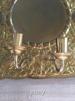 Large Antique Brass Polish Repousse Double Light Wall Sconce Embossed Reflector
