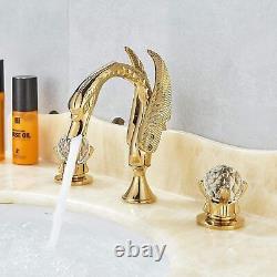 Luxury Swan Faucet Double Crystal Knob Basin Bathroom Sink Mixer Tap Gold Finish