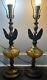 Mcm Pair Brass Eagle/amber Globe/wood 3 Way Lamps Working Not Polished 21.75