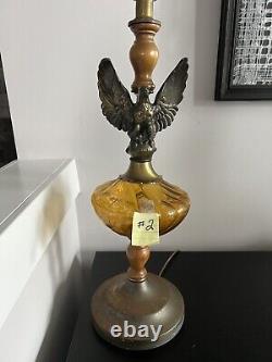 MCM Pair Brass Eagle/Amber Globe/Wood 3 Way Lamps Working Not Polished 21.75