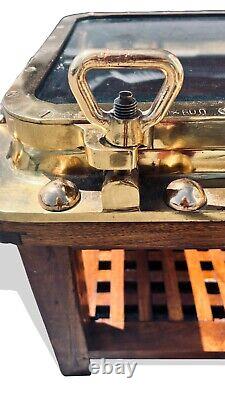 Maritime Antique Ship's Rectangular 2 Dog Brass Porthole on Mahogany Table