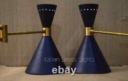 Mid Century Pair Matte Black Antique Brass Articulating Curved Wall Scone Indust