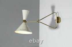 Mid Century Pair Matte White Antique Brass Articulating Curved Wall Scone Indust