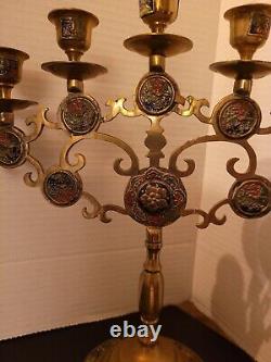 Pair Antique Vintage Solid Brass 5 Arm Candlestick Holder Candelabra 12