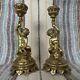 Pair Beautiful Antique Mid 1800s Polished Brass Candlesticks Classical Cherubs