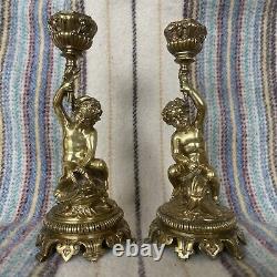 Pair Beautiful Antique Mid 1800s Polished Brass Candlesticks Classical Cherubs