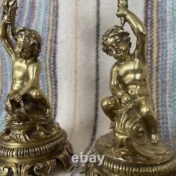 Pair Beautiful Antique Mid 1800s Polished Brass Candlesticks Classical Cherubs