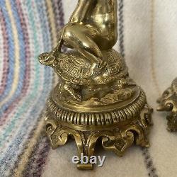 Pair Beautiful Antique Mid 1800s Polished Brass Candlesticks Classical Cherubs