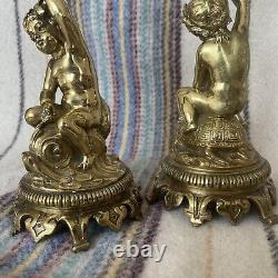 Pair Beautiful Antique Mid 1800s Polished Brass Candlesticks Classical Cherubs