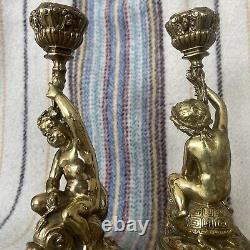 Pair Beautiful Antique Mid 1800s Polished Brass Candlesticks Classical Cherubs