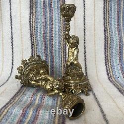 Pair Beautiful Antique Mid 1800s Polished Brass Candlesticks Classical Cherubs