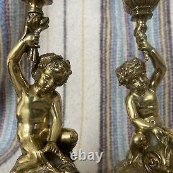 Pair Beautiful Antique Mid 1800s Polished Brass Candlesticks Classical Cherubs